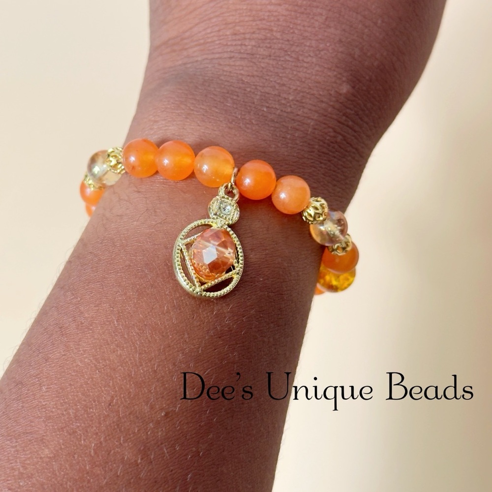 Orange Beaded Bracelet Gold Charm Stackable Statement Jewelry